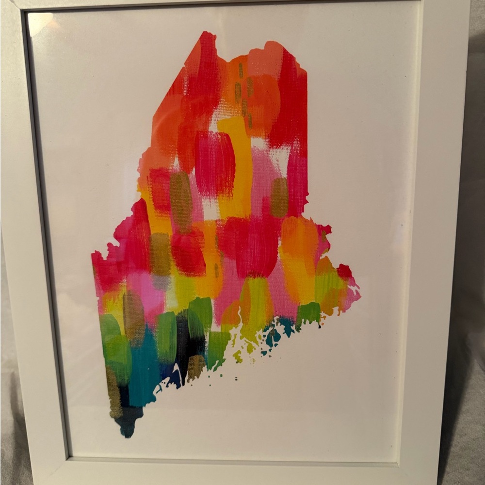 Colorful Abstract Art state of Maine in White Frame,16x13 from LLBean